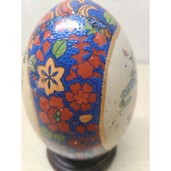 Golden Accented Oriental Birds Flowers Textured Porcelain Ceramic Egg with Stand - Picture 5 of 11
